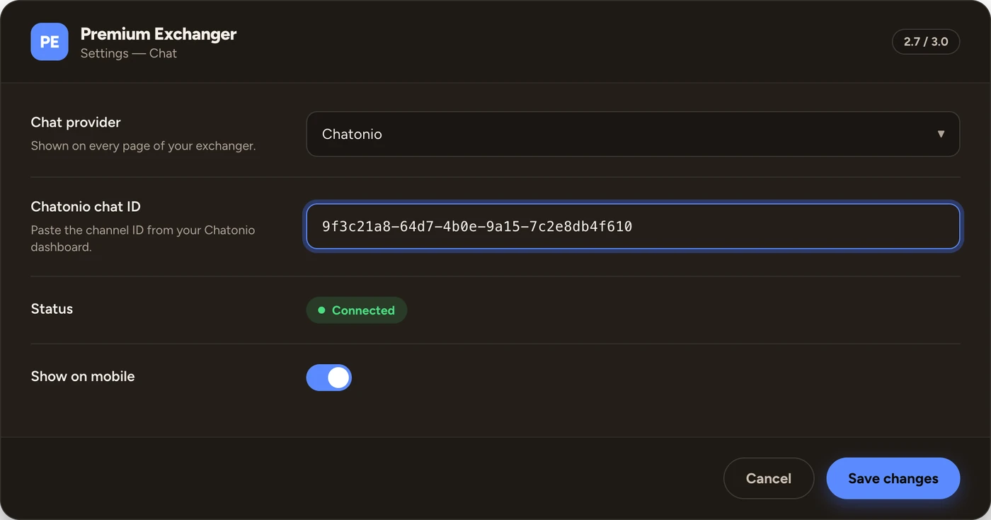 The chat-provider field in an exchanger script’s admin settings, where the chat ID is pasted.