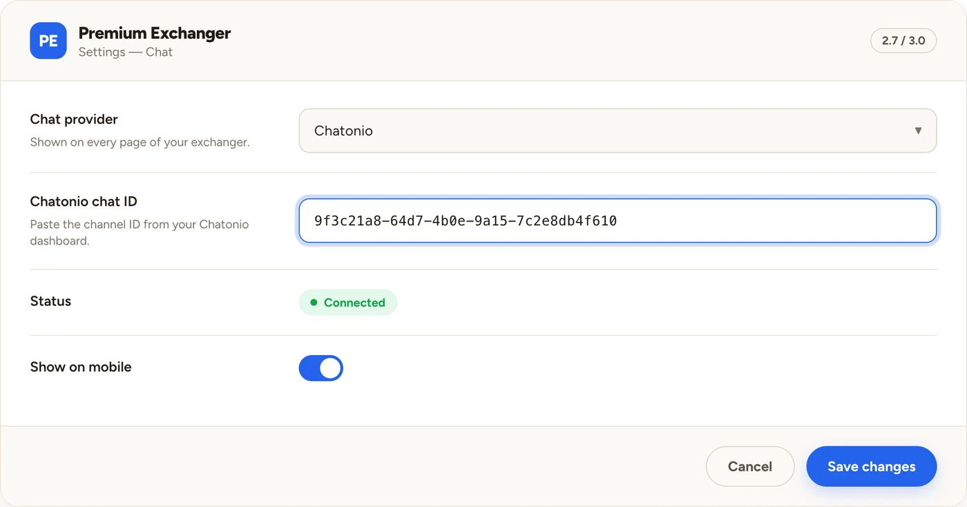The chat-provider field in an exchanger script’s admin settings, where the chat ID is pasted.